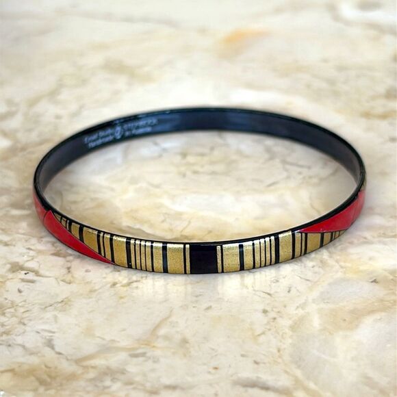 Vintage Steinbock Austria Red Black Enamel 24KT Gold Inlay Bangle Bracelet - Picture 5 of 11